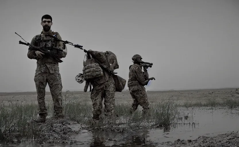 Image similar to Drake serving in a swamp in Afghanistan, film grain