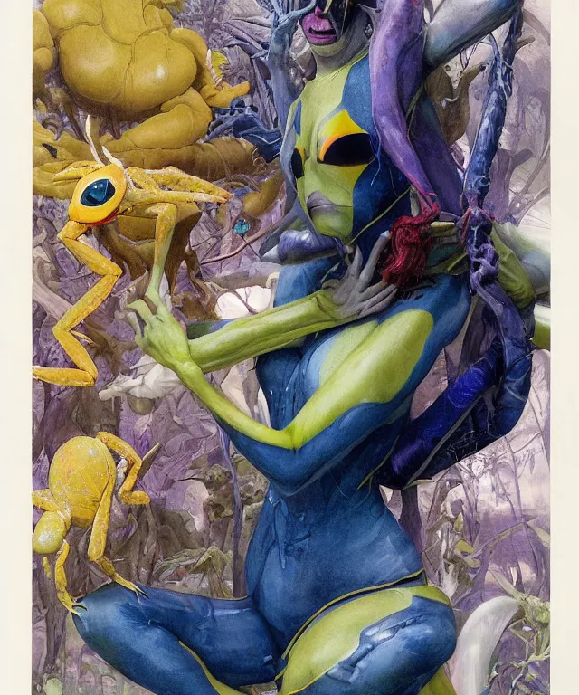 Image similar to a portrait photograph of a meditating fierce colorful spider gwen antilope super villian girl with slimy amphibian scaled blue skin and yellow eyes. she is wearing a living organic suit. by donato giancola, hans holbein, walton ford, gaston bussiere, peter mohrbacher and brian froud. 8 k, cgsociety, fashion editorial