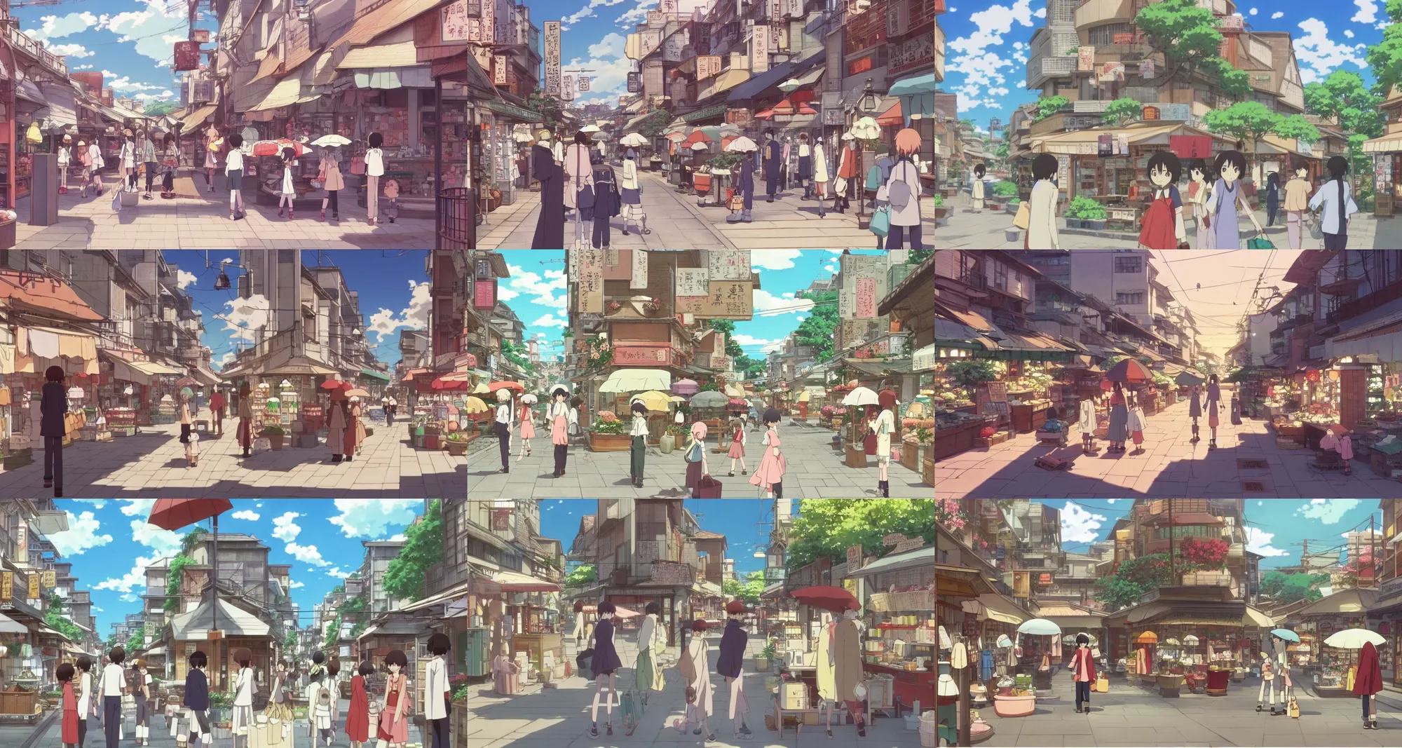Prompt: beautiful slice of life anime scene of rural shopping district street, relaxing, calm, cozy, peaceful, by mamoru hosoda, hayao miyazaki, makoto shinkai