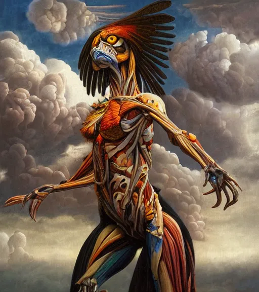 Image similar to an anatomical oil painting of a Harpy from a medical journal by Nychos and Julie Bell, highly detailed, high detail, 8k, storm clouds, birds, dramatic lighting