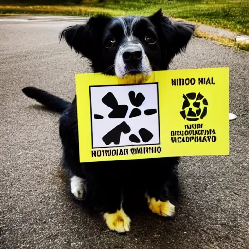 Image similar to professional photo of a dog holding a sign with a nuclear radiation warning on it skull and crossbones yellow three triangles