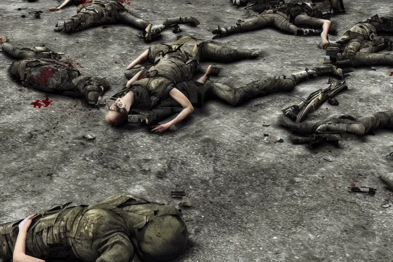 Prompt: bloody battlefield, filled with dead bodies, photorealistic, detailed