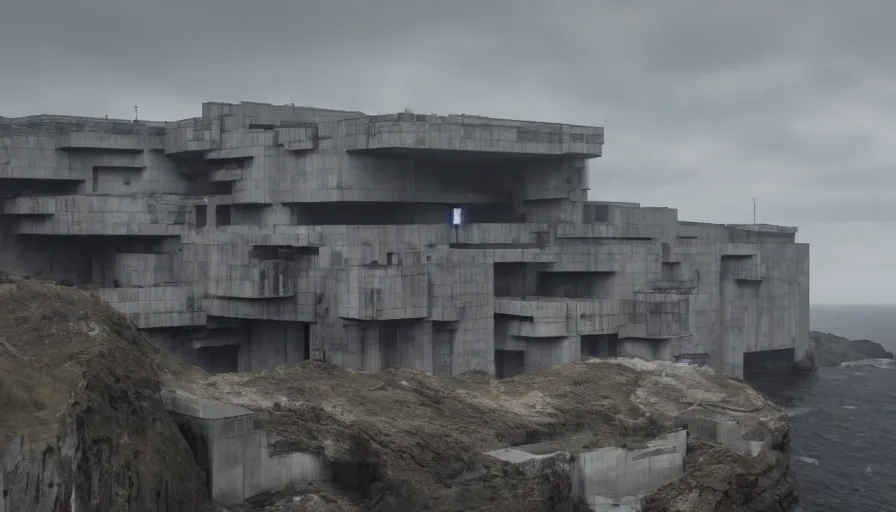 Image similar to big brutalist imperial military base on cliffs, drawing architecture, very long shot, top angle, imperial architecture in rogue one, pritzker architecture prize, brutalism architecture, jan urschel, greig fraser