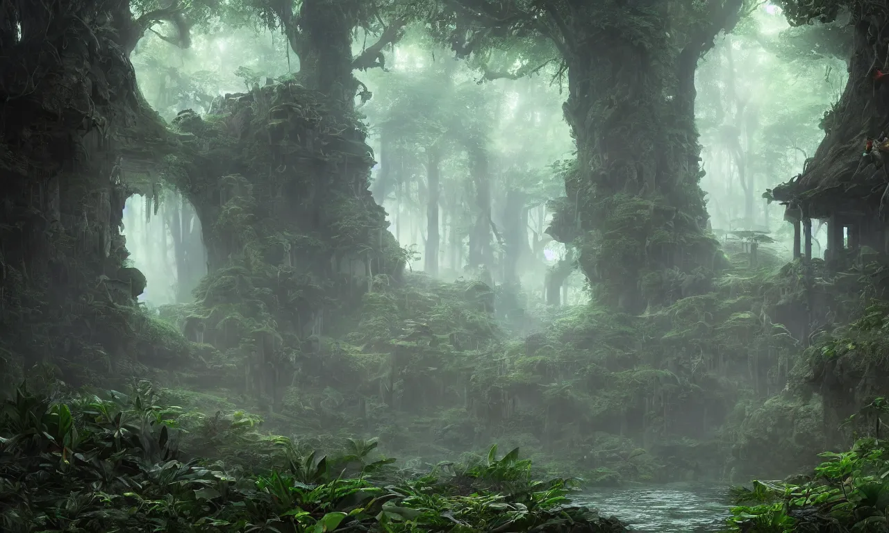 Prompt: Lost temple, covered by leaves and plants, in a magical forest with volumetric lighting, matte painting, greg rutkowski, artstation, 4k