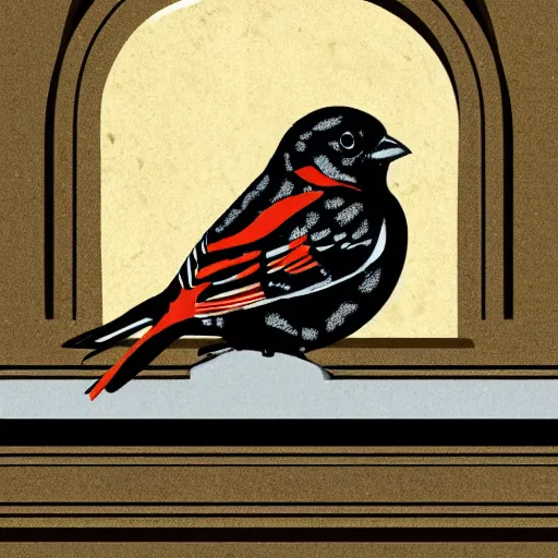 Image similar to a spotted towhee sitting on a marble balcony railing, vector graphic, six colors