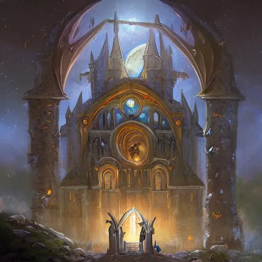 Prompt: Church of Moon, Fantasy, Art, Illustration, HD Wallpaper, Mythology, trending on artstation, Tony Sart