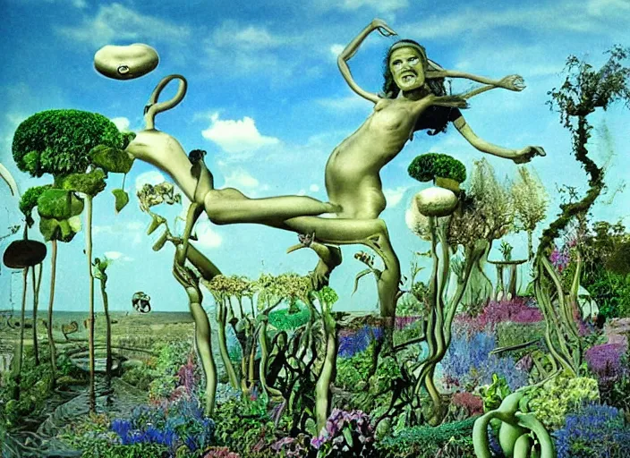 Image similar to surreal garden by dali, surreal plants by dali, surreal sky by dali, hypresurreal