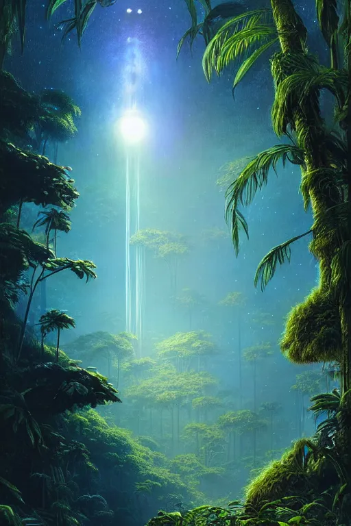 Image similar to a tropical forest suspended in space, meteor shower, tone mapped, shiny, intricate, cinematic lighting, highly detailed, digital painting, artstation, concept art, smooth, sharp focus, illustration, art by arthur haas and bruce pennington and john schoenherr