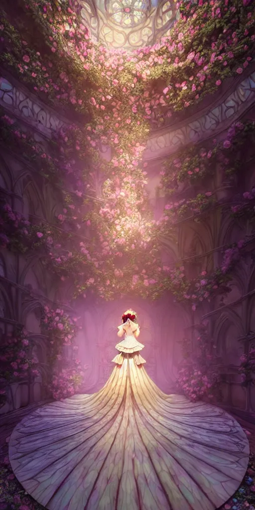 Image similar to the beautiful hyperdetailed physical rendering of a single rose flower wedding gothic lolita dress clothing design display in show in front of your eyes, perfectly shaded, atmospheric lighting, in the style of makoto shinkai, raphael lacoste louis comfort tiffany, artgerm, karol bak, ross tran, 8 k hd, fine texture structure, 3 drender,