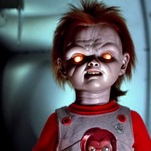 Prompt: chucky in alien ( 1 9 7 9 ), film still