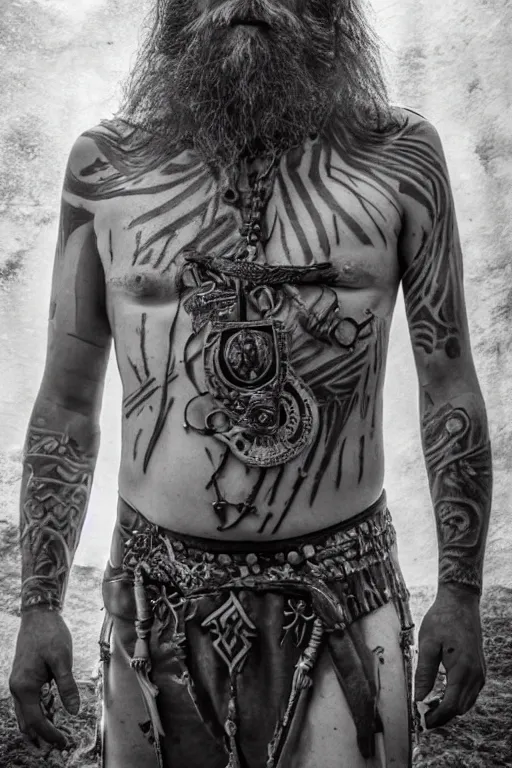 Prompt: a cinematic view of wide photo from a very ornated old shaman viking berseker, half shaved haircut, showing nordic tattoos in the chest, scars in the face, long beard, using leather armour with bones, photorealistic, volummetric light, detailed, texturized, leica lens high quality