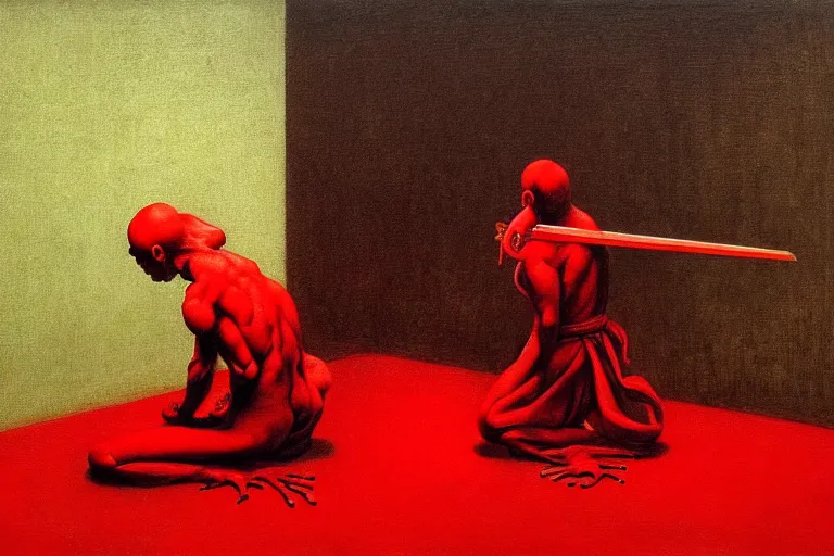 Image similar to only with red, a red samurai do seppuku, tokio, a lot of frogs watch, in the style of beksinski, parts by edward hopper, parts by rodcenko, parts by yue minjun, intricate and epic composition, red by caravaggio, insanely quality, highly detailed, masterpiece, red light, artstation, 4 k