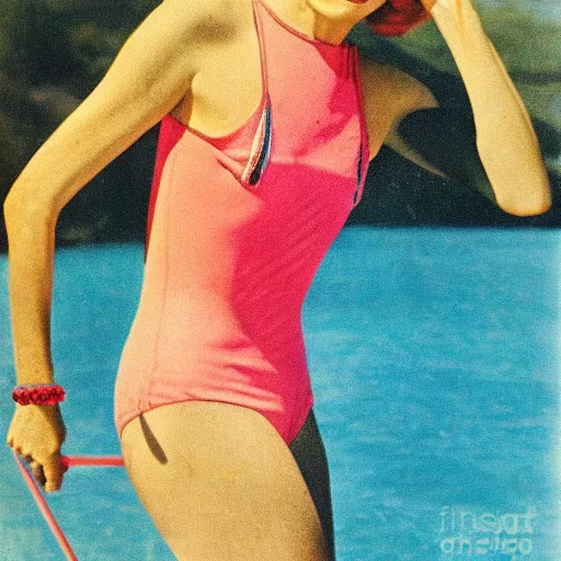 Image similar to a 1 9 2 8 colorful cover of vogue. happy, healthy, beautiful, smiling, sporty, glowing greta garbo in decent swim wear.