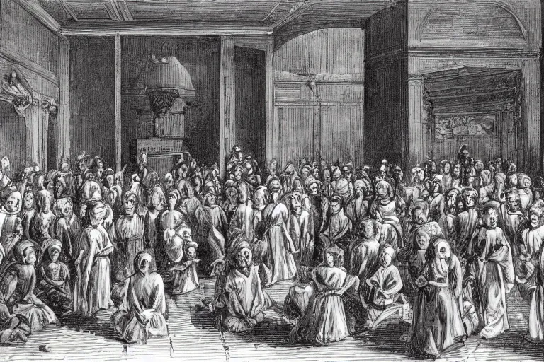 Image similar to photograph of a room of people staring at a live demon