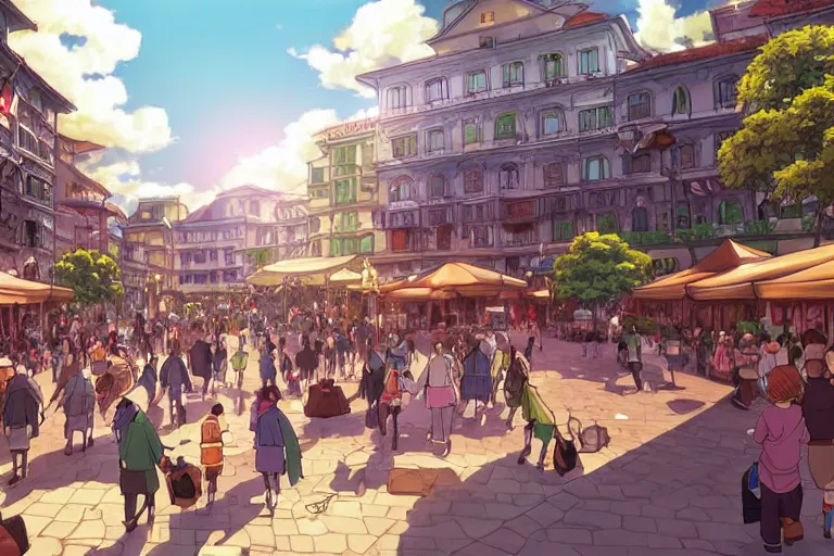 Image similar to cell shaded anime key visual of a renaissance city square, crowds of people, in the style of studio ghibli, moebius, makoto shinkai, dramatic lighting