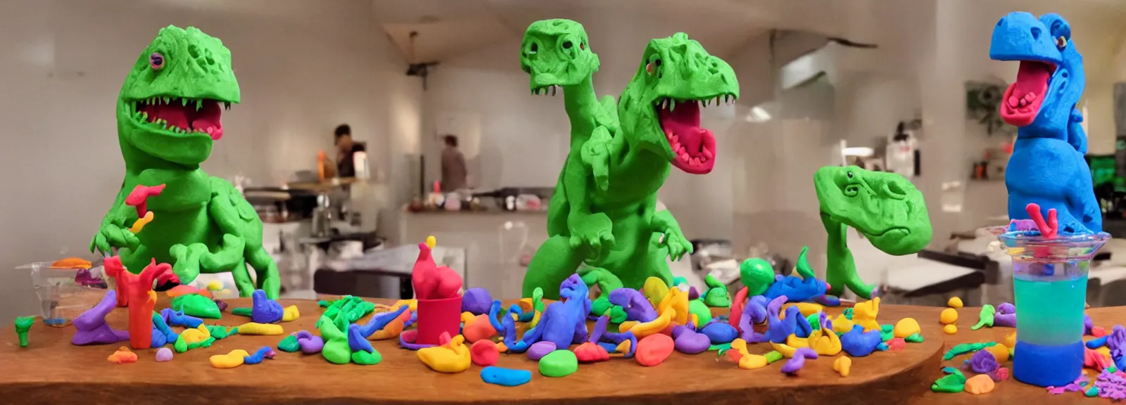 Prompt: dinosaur made of play - doh drinking cocktails, claymation style