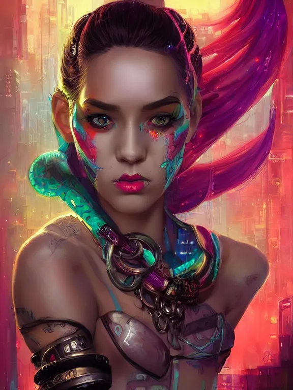 Prompt: a digital art portrait of Jinx from League of Legends,by tristan eaton,Stanley Artgermm,Tom Bagshaw,Greg Rutkowski,Carne Griffiths,trending on pinterest,face enhance,Cyberpunk,chillwave,maximalist,full of color,glittering