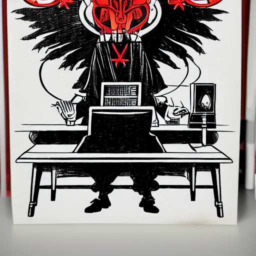 Image similar to dark lord sitting at desk, 3 / 4 view, portrait, ghibli, red demon cyberpunk symbols