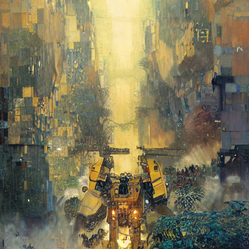 Image similar to six meters tall mech fighting in an urban environment, epic action scene, by gaston bussiere craig mullins jc leyendecker gustav klimt artgerm greg rutkowski john berkey, bergey, craig mullins, ruan jia, raymond swanland, jeremy mann, tom lovell, alex malveda, ray casting, hdr