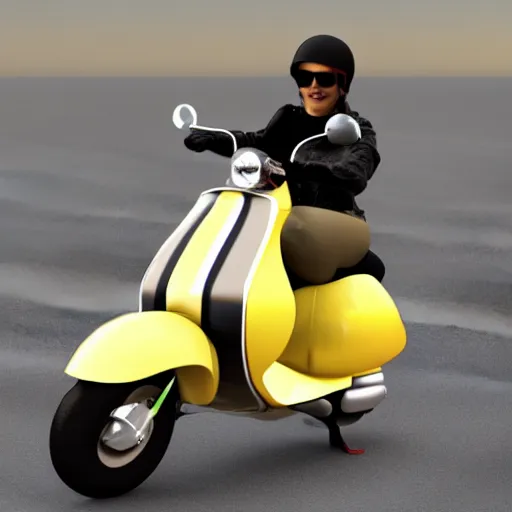 Prompt: a 3d render of a banana riding a vespa