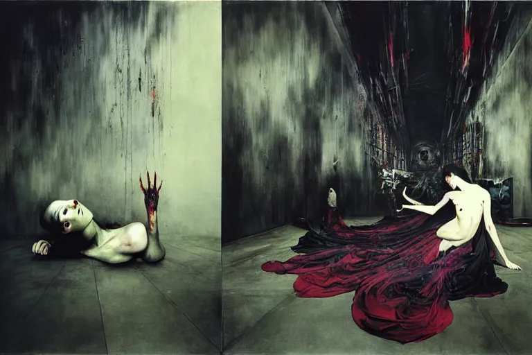 Prompt: The physical impossibility of death, in a brutalist architecture space ship, gothic, rich deep colours, creepy, diabolical, dark, mystical, intrincate, maximalism, very coherent symmetrical artwork, cinematic, painted by Francis bacon, Adrian ghenie, James jean and Petra cortright part by Gerhard Richter, part by Takato Yamamoto. 8k masterpiece