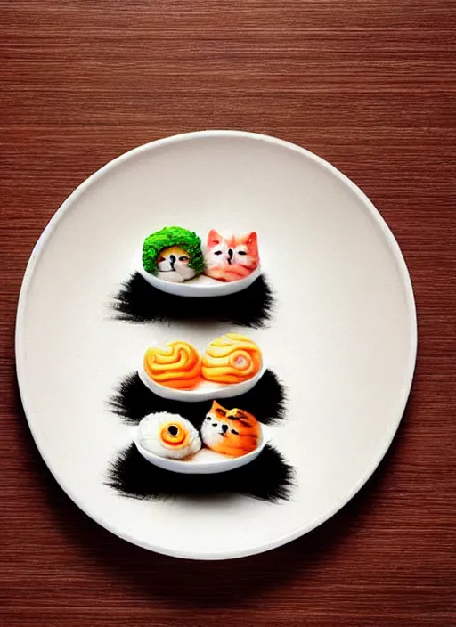 Image similar to clear surrealist painting of tiny adorable cats made from sushi rice, sitting on sushi plates with sushi, garnish, wasabi and soy sauce