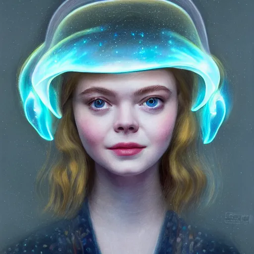 Prompt: portrait of a elle fanning wearing a bioluminescent jellyfish helmet, detailed realism face in painting, detailed beautiful portrait, oil painting masterpiece, 8 k resolution, smooth, sharp focus, trending on artstation, by rembrandt