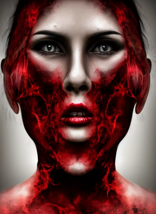 Image similar to dramatic dark red matte portrait painting of woman with black mandelbrot fractal instead of face, horror, body horror, dark art, 4 k, detailed, realistic, psychotic, insane, crazy, mental illness, dramatic,