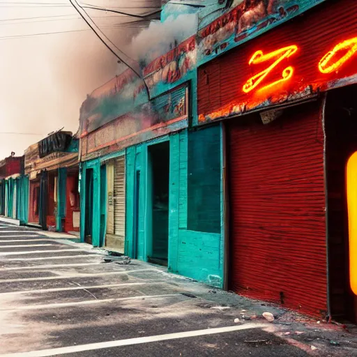 Prompt: thin clouds of colored smoke whip and swirl around a tall, thin man as he walks down the lonely street of abandoned neon - lit storefronts