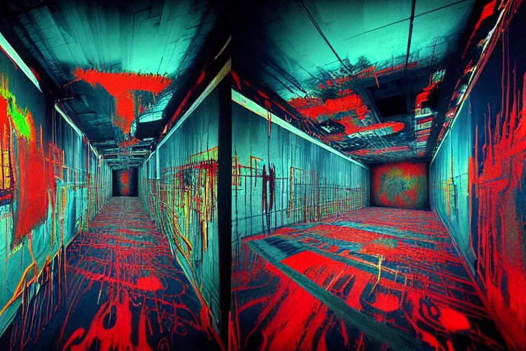 Prompt: the inside of a symmetrical hellish dungeon, multilayer glitch effect in spatial perceptron synapses, matte painting, 4 k, epic composition, volumetric light, abstract illusionism, by william stout, jean - michel basquiat, pour paint, modern street art, grunge wall, industrial