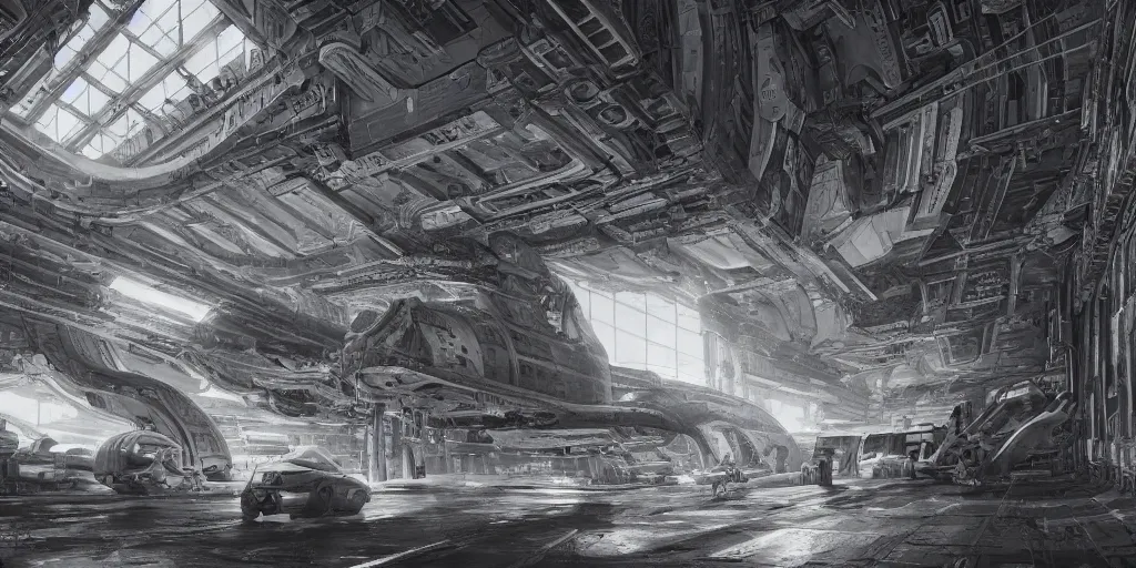 Prompt: an extremely detailed masterpiece epic scene of the inside of a cavernous spaceship cargo bay with various types of parked militarized spacecraft and an opened hanger door space scene in background, in the style of lebbeus woods, intricate, elegant, highly detailed, digital painting, artstation, cinematic lighting, extremely moody lighting, glowing light and shadow, 4 k