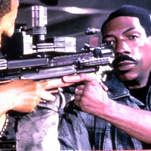 Prompt: a still of the cat shooting a m 6 0 machine gun from the buddy cop movie beverly hills cat 2, with eddie murphy