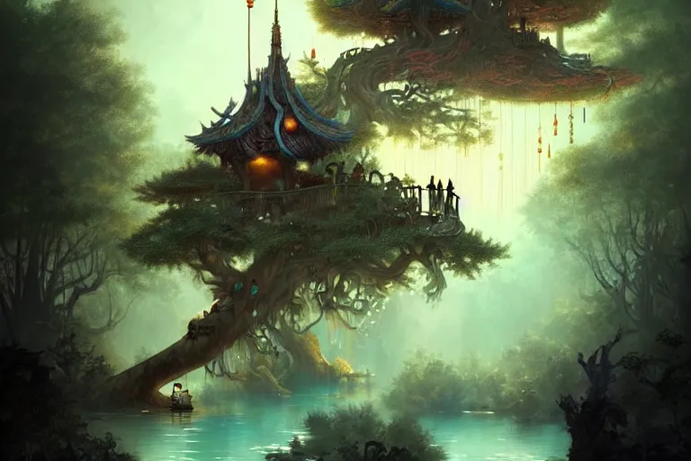 Prompt: treehouse from gaudi in a deep mystical forest , floating chinese lampoons, circular lake, waterfall, tall people walking and discussing, dynamic lighting, art by peter mohrbacher on artstation, night mood