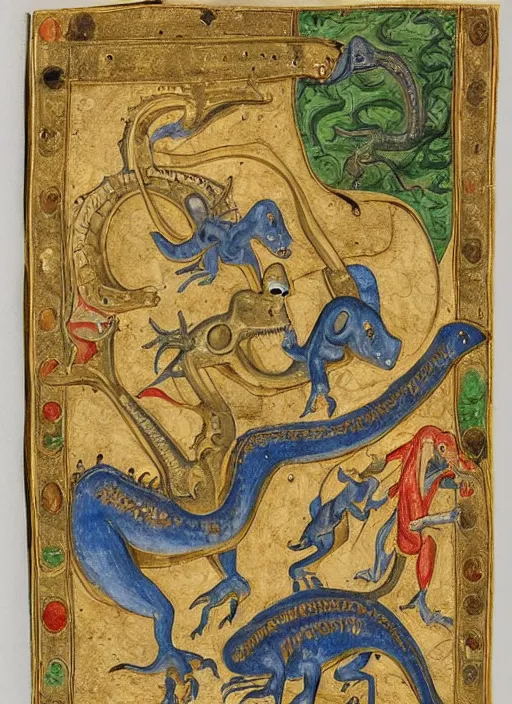 Prompt: a gilded page from an illuminated manuscript, depicting a dinosaur intertwined with the letter S, other dinosaurs along the bottom of the page, hand drawn, Master of Imola c. 1275, highly detailed