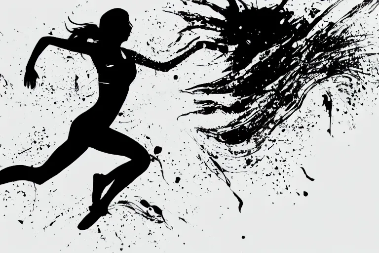 Image similar to beautiful serene running woman, exploration of motion and life, minimalistic golden and ink airbrush painting on white background