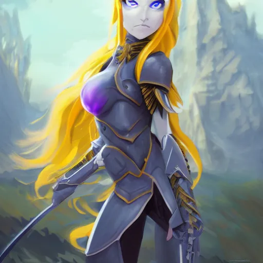 Image similar to a night elf girl with grey skin, yellow eyes and hair, ponytail, wearing armor, highly detailed, digital painting, artstation, matte, by makoto shinkai, animation style