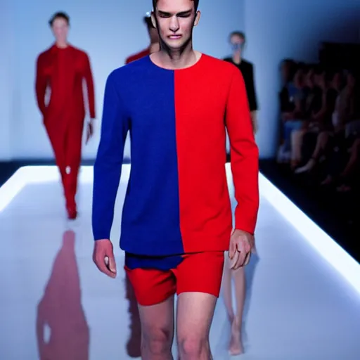 Image similar to fashion by Hugo Boss incorporating red white and blue, brutalist fashion show, studio lighting