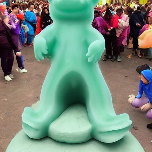 Image similar to stunning image of a giant gummy bear on a pedestal, many people worshipping.