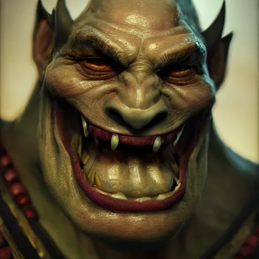 Image similar to An orc smiling into the camera, portrait, artstation, realistic, highly detailed, bokeh, by Alex Flores