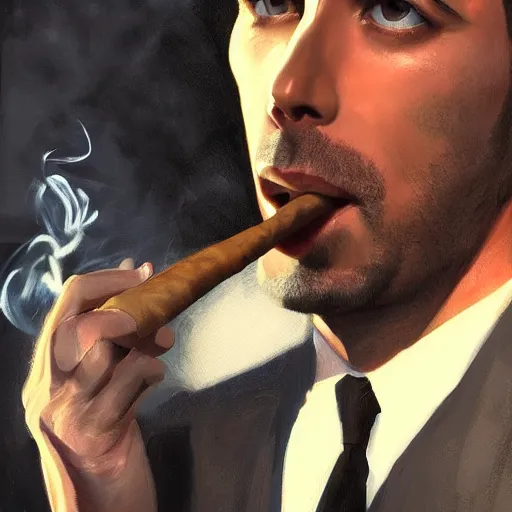 Image similar to andrew tate wearing a suit smoking a cigar on his mouth, dramatic lighting, cinematic, establishing shot, extremly high detail, photorealistic, cinematic lighting, artstation, style by James Gurney