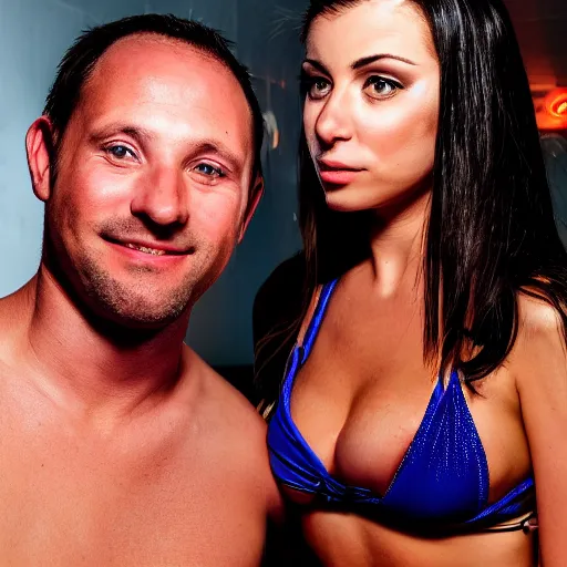 Image similar to photo of a 4 0 year old man that looks young for his age dating a very attractive 2 2 year old woman wearing a bikini. they are at a nightclub.
