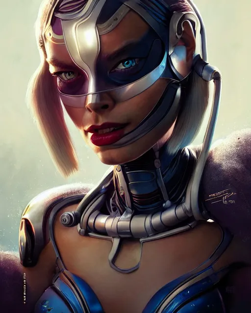 Prompt: weta disney pixar movie still portrait photo of margot robbie as cyborg woman by pixar, by weta, wlop, ilya kuvshinov, rossdraws, artgerm, maxim cover, latex, sweaty, iridescent, bright morning, anime, liosh, mucha