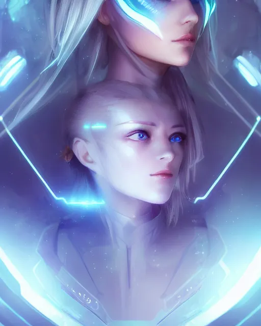 Image similar to perfect android girl on a mothership, warframe armor, beautiful face, scifi, futuristic, galaxy, nebula, raytracing, dreamy, long white hair, blue cyborg eyes, sharp focus, cinematic lighting, highly detailed, artstation, divine, by gauthier leblanc, kazuya takahashi, huifeng huang