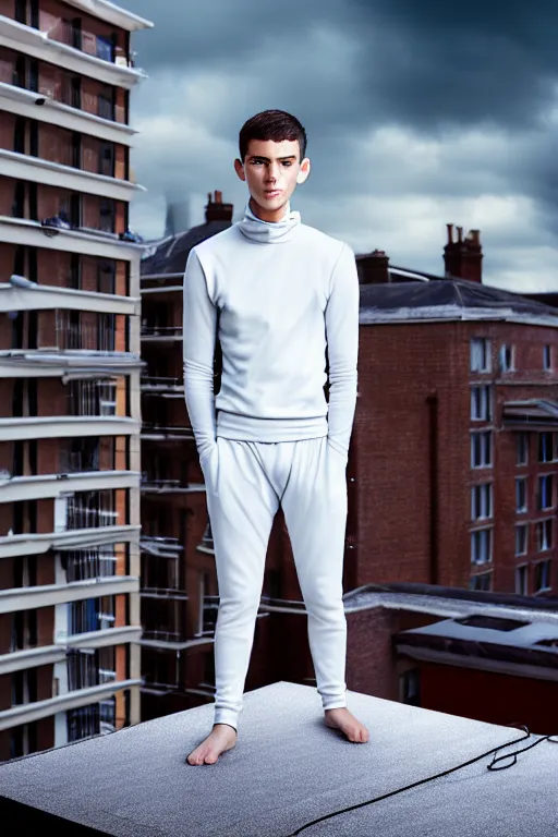 Image similar to un ultra high definition studio quality photographic art portrait of a young man standing on the rooftop of a british apartment building wearing soft padded silver pearlescent clothing. three point light. extremely detailed. golden ratio, ray tracing, volumetric light, shallow depth of field. set dressed.