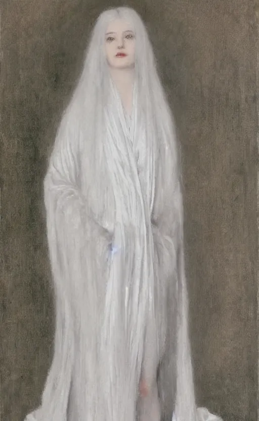 Prompt: say who is this with silver hair so pale and wan! and thin? flowing hair covering front of body, white robe, white dress!! of silver hair, covered!!, clothed!! lucien levy - dhurmer, fernand keller, fernand khnopff, oil on canvas, 1 8 9 6, 4 k resolution, aesthetic, mystery