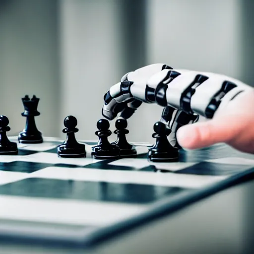 Prompt: a photo, an aggressive robot hand grabbing a human hand over a chess board