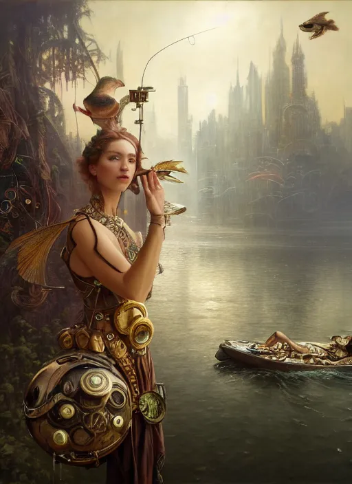 Image similar to hyper realistic fisherman, birds eye view, magical, gems, jewels, gold, steampunk, cyberpunk utopia, painted by tom bagshaw, mucha, gaston bussiere, craig mullins, j. c. leyendecker 8 k