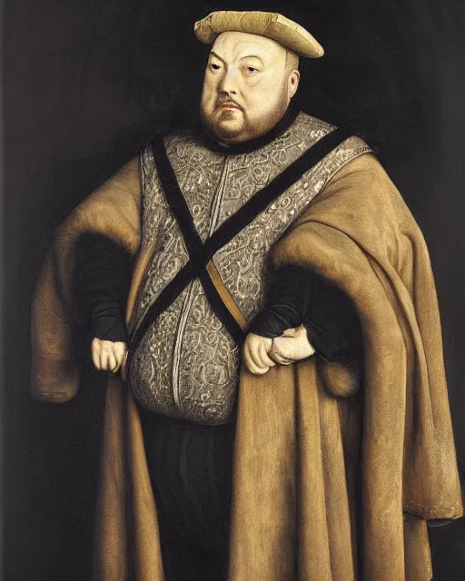 Image similar to fat gray cat with yellow eyes dressed like henry viii, tudor period menswear, hans holbein the younger, greg rutkowski, royal portrait, painting