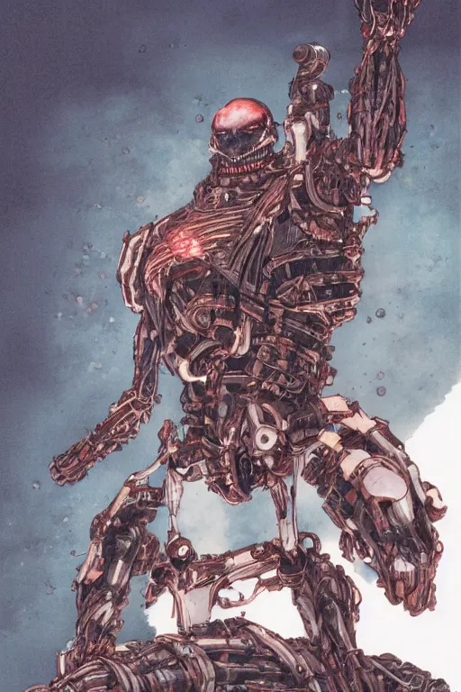 Prompt: beefy biomechanical soldier enhanced using a nanosuit with biological muscle under the armor plating, at dusk, a color cover illustration by tsutomu nihei, tetsuo hara and katsuhiro otomo