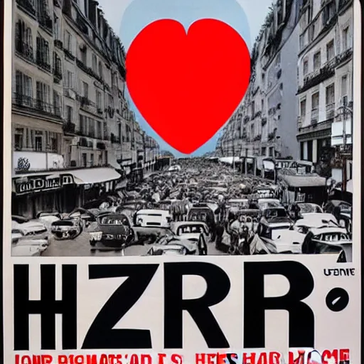 Prompt: a giant poster in 1 9 7 0 s paris that says herz inside a huge heart hq photo